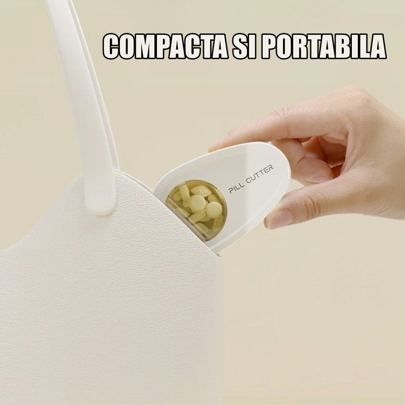 Taietor Pastile cu Compartiment Depozitare Medicamente, Lama Inox pentru Divizare Precisa, Dispozitiv Organizator Portabil, Plastic, Alb, 8x5x2.65 cm