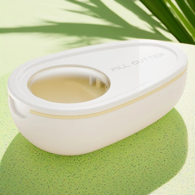 Taietor Pastile cu Compartiment Depozitare Medicamente, Lama Inox pentru Divizare Precisa, Dispozitiv Organizator Portabil, Plastic, Alb, 8x5x2.65 cm