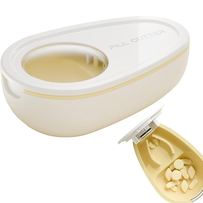 Taietor Pastile cu Compartiment Depozitare Medicamente, Lama Inox pentru Divizare Precisa, Dispozitiv Organizator Portabil, Plastic, Alb, 8x5x2.65 cm