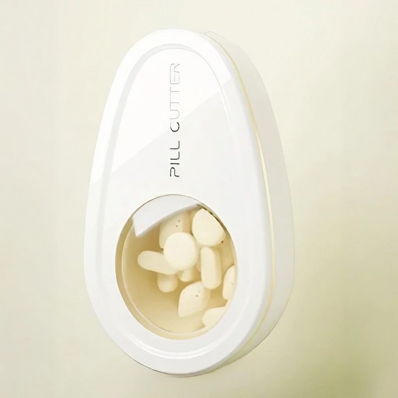 Taietor Pastile cu Compartiment Depozitare Medicamente, Lama Inox pentru Divizare Precisa, Dispozitiv Organizator Portabil, Plastic, Alb, 8x5x2.65 cm