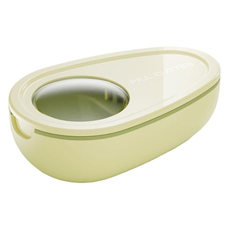 Taietor Pastile cu Compartiment Depozitare, Dispozitiv Sectionare Medicamente si Vitamine, Lama Inox si Capac Transparent, Galben, 8x5x2.65 cm
