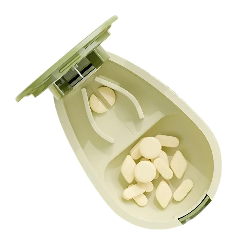Dispozitiv Taiat Pastile si Cutie Depozitare Medicamente, Splitter Tablete cu Lama Inoxidabila si Compartiment Stocare, Plastic, 8x5x2.65 cm, Verde