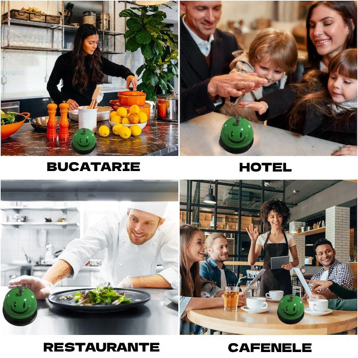 Clopotel De Receptie Si Masa, Metalic Cu Imprimeu Smiley Face, Sonerie Servire Pentru Restaurant, Cafenea Sau Hotel, Verde, 7.5x7.5x6.5 cm