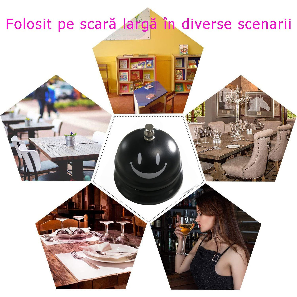 Clopotel Receptie Multifunctional, Imprimeu Smiley Face, Metal si Plastic, Pentru Restaurant, Cafenea si Hotel, Negru, 7.5x7.5x6.5 cm