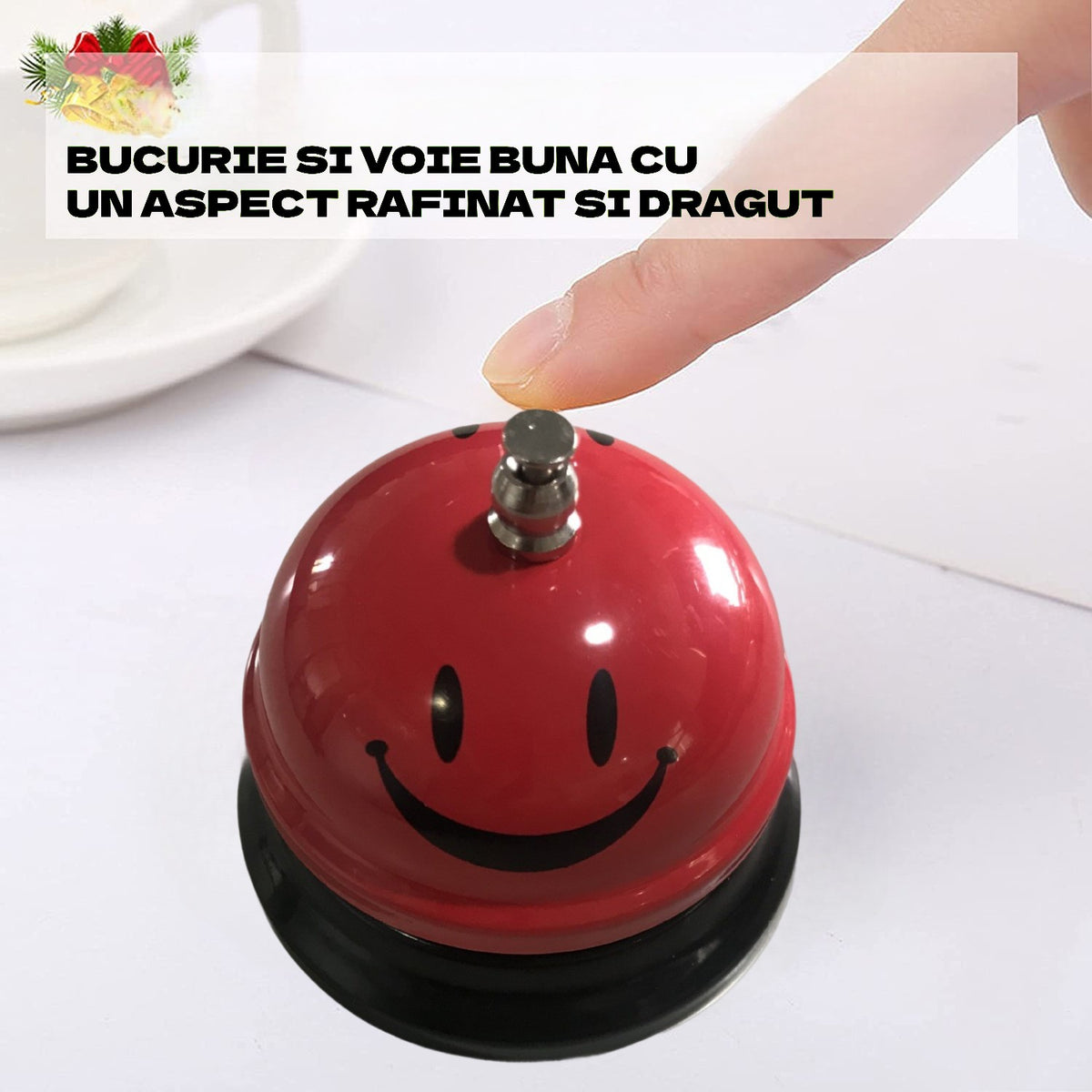 Clopotel De Receptie Si Masa, Metalic Cu Imprimeu Smiley Face, Sonerie Service Pentru Restaurant Sau Hotel, Rosu, 7.5x7.5x6.5 cm