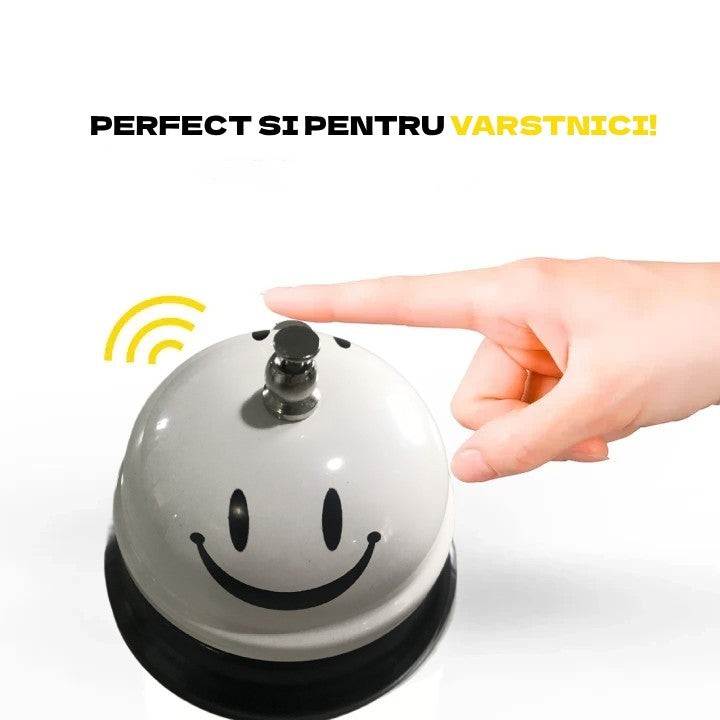 Clopotel Receptie Multifunctional cu Imprimeu Smiley Face, Clopotel Masa pentru Restaurant si Hotel, Metal si Plastic, 7.5x7.5x6.5 cm, Alb