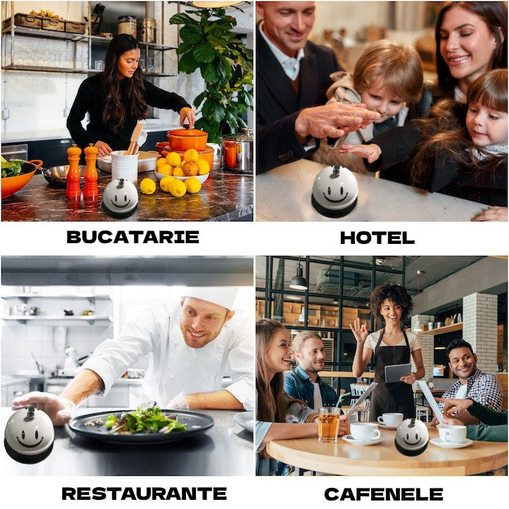 Clopotel Receptie Multifunctional cu Imprimeu Smiley Face, Clopotel Masa pentru Restaurant si Hotel, Metal si Plastic, 7.5x7.5x6.5 cm, Alb