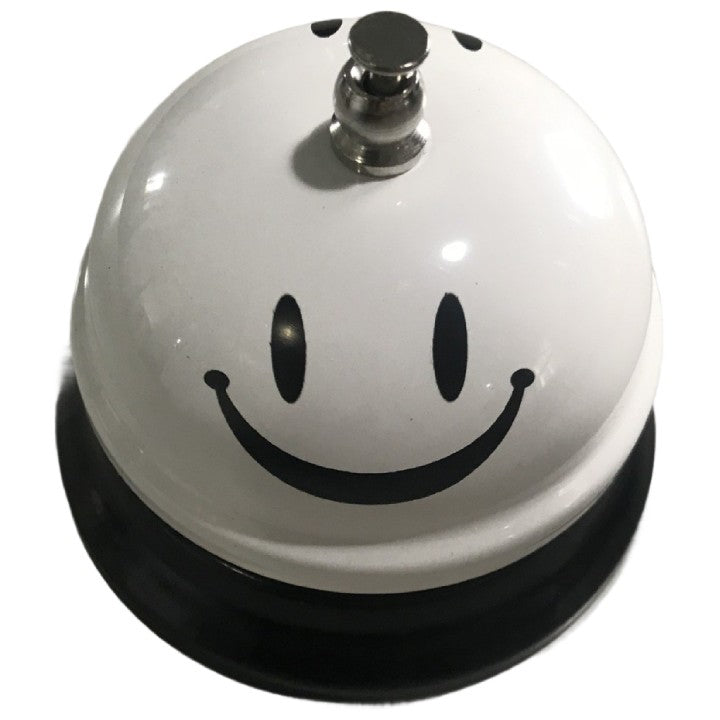 Clopotel Receptie Multifunctional cu Imprimeu Smiley Face, Clopotel Masa pentru Restaurant si Hotel, Metal si Plastic, 7.5x7.5x6.5 cm, Alb