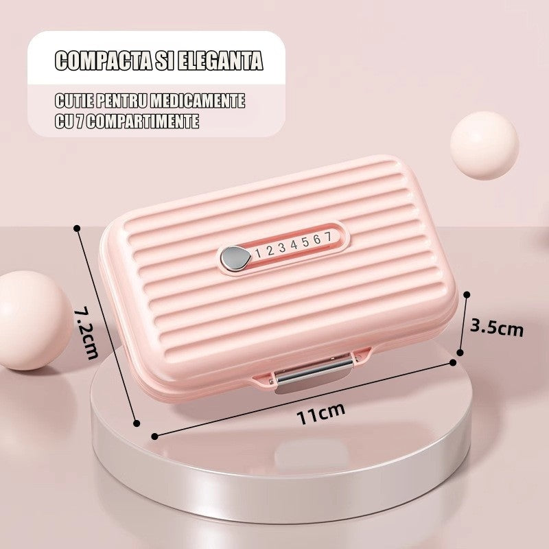 Organizator Medicamente Portabil, Cutie Pastile cu 7 Compartimente, Inchidere Metalica, 11x7.2x3.5 cm, Roz Pastel