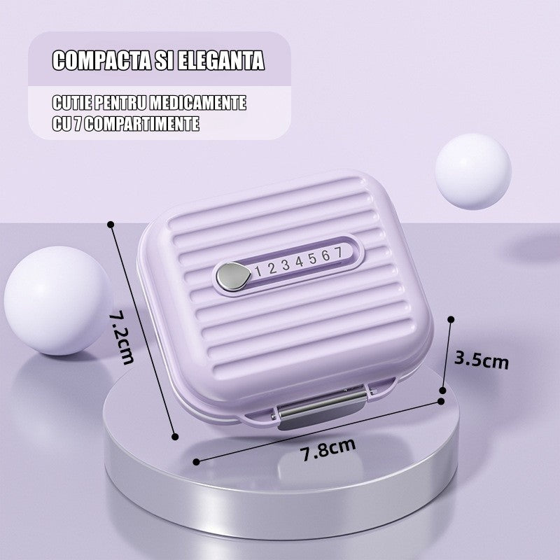Organizator Medicamente si Vitamine, Cutie Saptamanala cu 7 Compartimente, Design Compact si Portabil, Mov, 7.8x7.2x3.5 cm