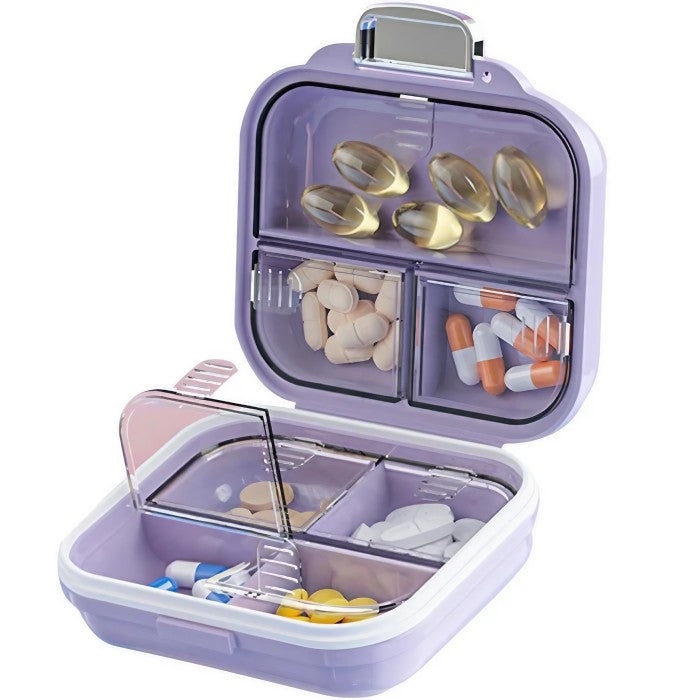 Organizator Medicamente si Vitamine, Cutie Saptamanala cu 7 Compartimente, Design Compact si Portabil, Mov, 7.8x7.2x3.5 cm