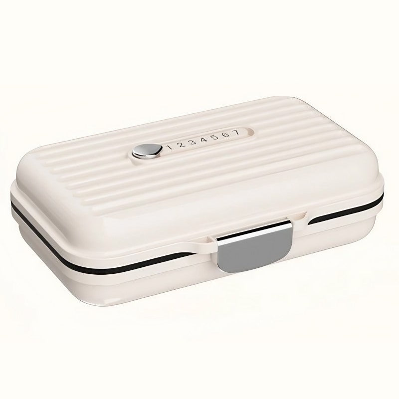 Organizator Medicamente Portabil, Cutie Pastile cu 7 Compartimente, Sistem Inchidere Metalica, Format Compact pentru Calatorii, Bej, 11x7.2x3.5 cm