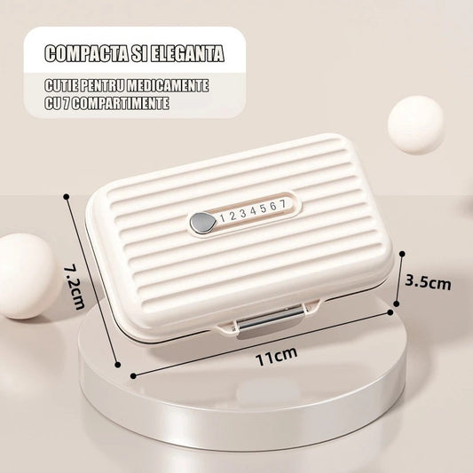 Organizator Medicamente Portabil, Cutie Pastile cu 7 Compartimente, Sistem Inchidere Metalica, Format Compact pentru Calatorii, Bej, 11x7.2x3.5 cm