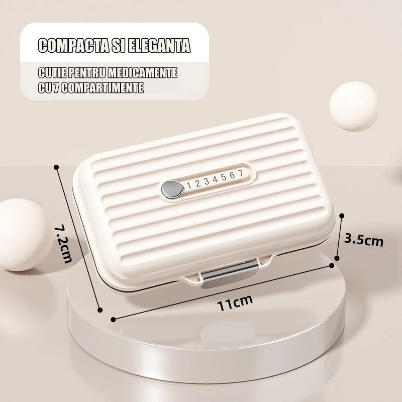 Organizator Medicamente Portabil, Cutie Pastile cu 7 Compartimente, Sistem Inchidere Metalica, Format Compact pentru Calatorii, Bej, 11x7.2x3.5 cm