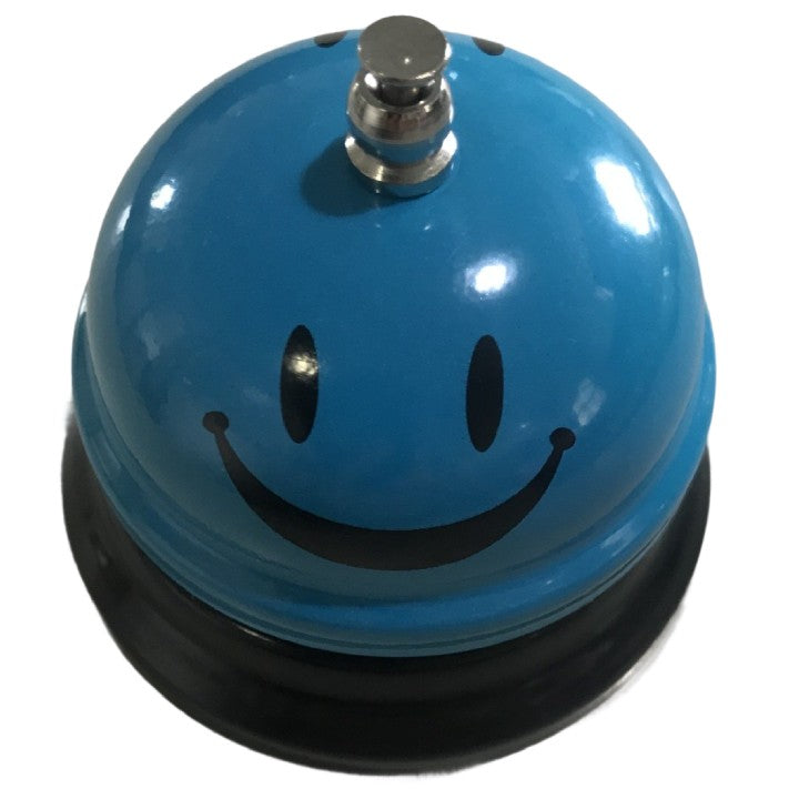 Clopotel Receptie Multifunctional, Metalic cu Sunet Clar si Imprimeu Smiley Face, Design Ergonomic pentru Restaurant sau Hotel, Albastru Deschis, 7.5x7.5x6.5 cm