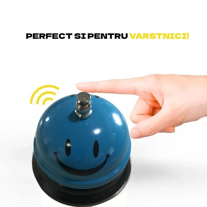 Clopotel Receptie Multifunctional, Metalic cu Sunet Clar si Imprimeu Smiley Face, Design Ergonomic pentru Restaurant sau Hotel, Albastru Deschis, 7.5x7.5x6.5 cm