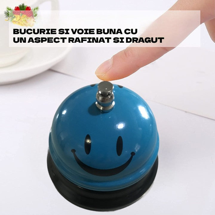 Clopotel Receptie Multifunctional, Metalic cu Sunet Clar si Imprimeu Smiley Face, Design Ergonomic pentru Restaurant sau Hotel, Albastru Deschis, 7.5x7.5x6.5 cm
