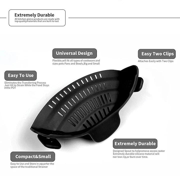 Strecuratoare Silicon cu Clips pentru Oale si Tigai, Filtru Universal pentru Paste si Legume, Termorezistent, Compact, 23x12.5x6.7 cm, Negru