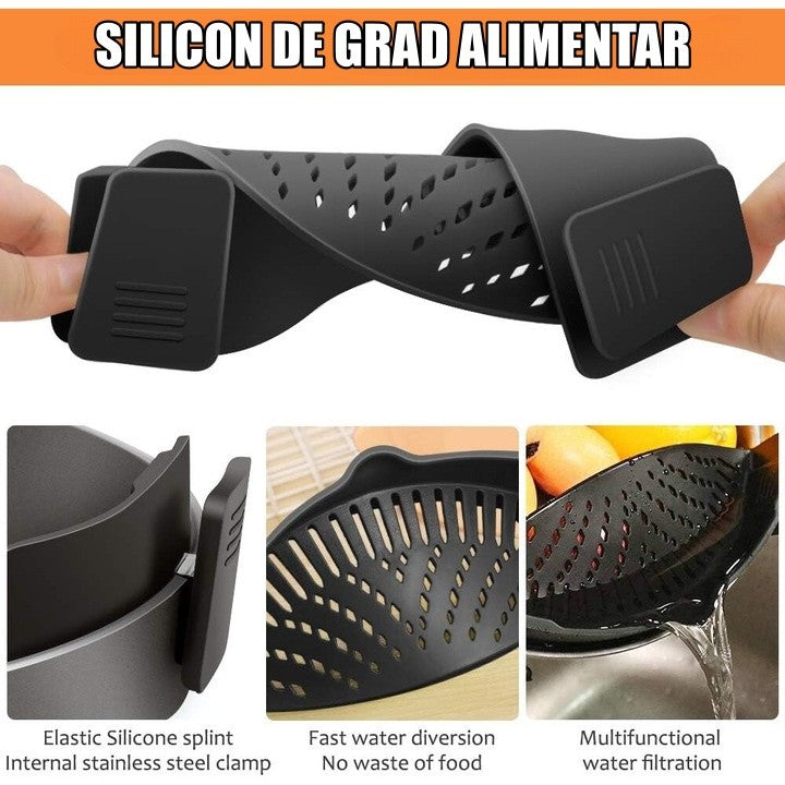 Strecuratoare Silicon cu Clips pentru Oale si Tigai, Filtru Universal pentru Paste si Legume, Termorezistent, Compact, 23x12.5x6.7 cm, Negru