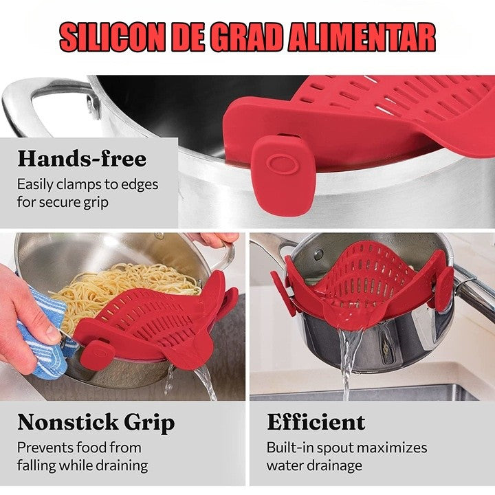 Strecuratoare Universala pentru Vase cu Fixare Clip, Filtru din Silicon Rezistent la Caldura pentru Paste si Legume, Rosu, 23x12.5x6.7 cm