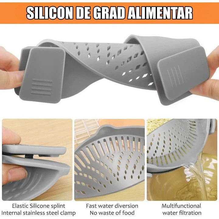 Strecurator Filtru pentru Vase cu Prindere Tip Clip, Sita Silicon Termorezistent pentru Paste si Legume, Design Universal, 23x12.5x6.7 cm, Gri