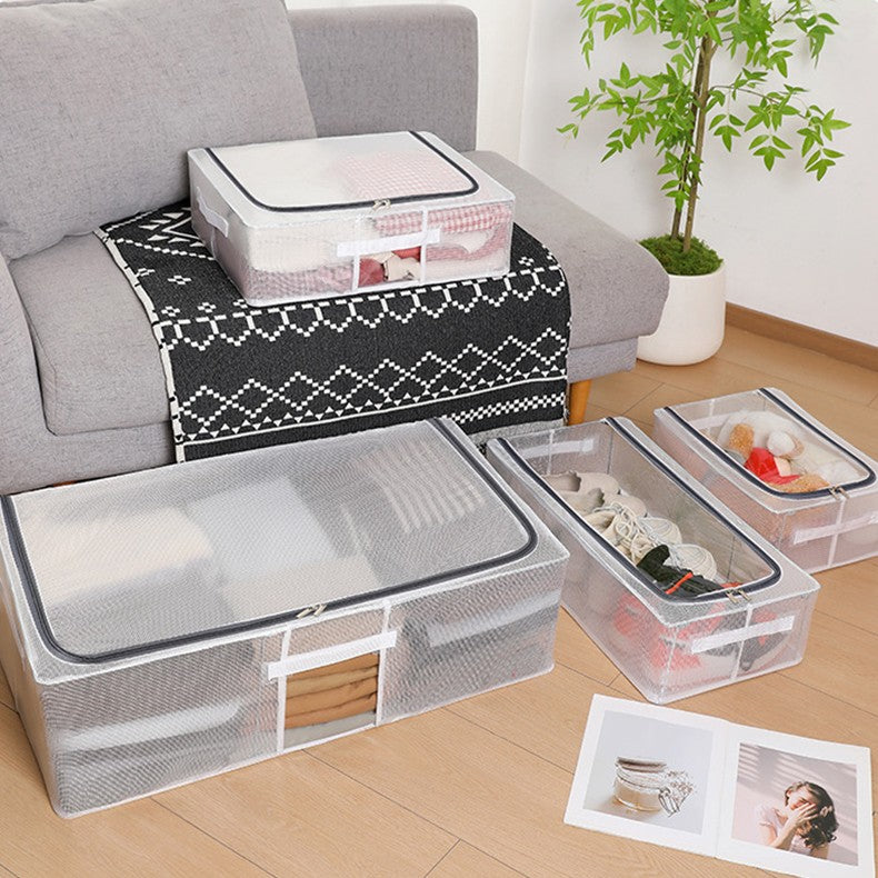 Cutie Depozitare Pantofi si Haine, Organizator sub Pat cu Fermoar Bidirectional, Plasa PVC Impermeabila, Pliabila cu Manere Laterale, Transparent, 50 x 40 x 15 cm