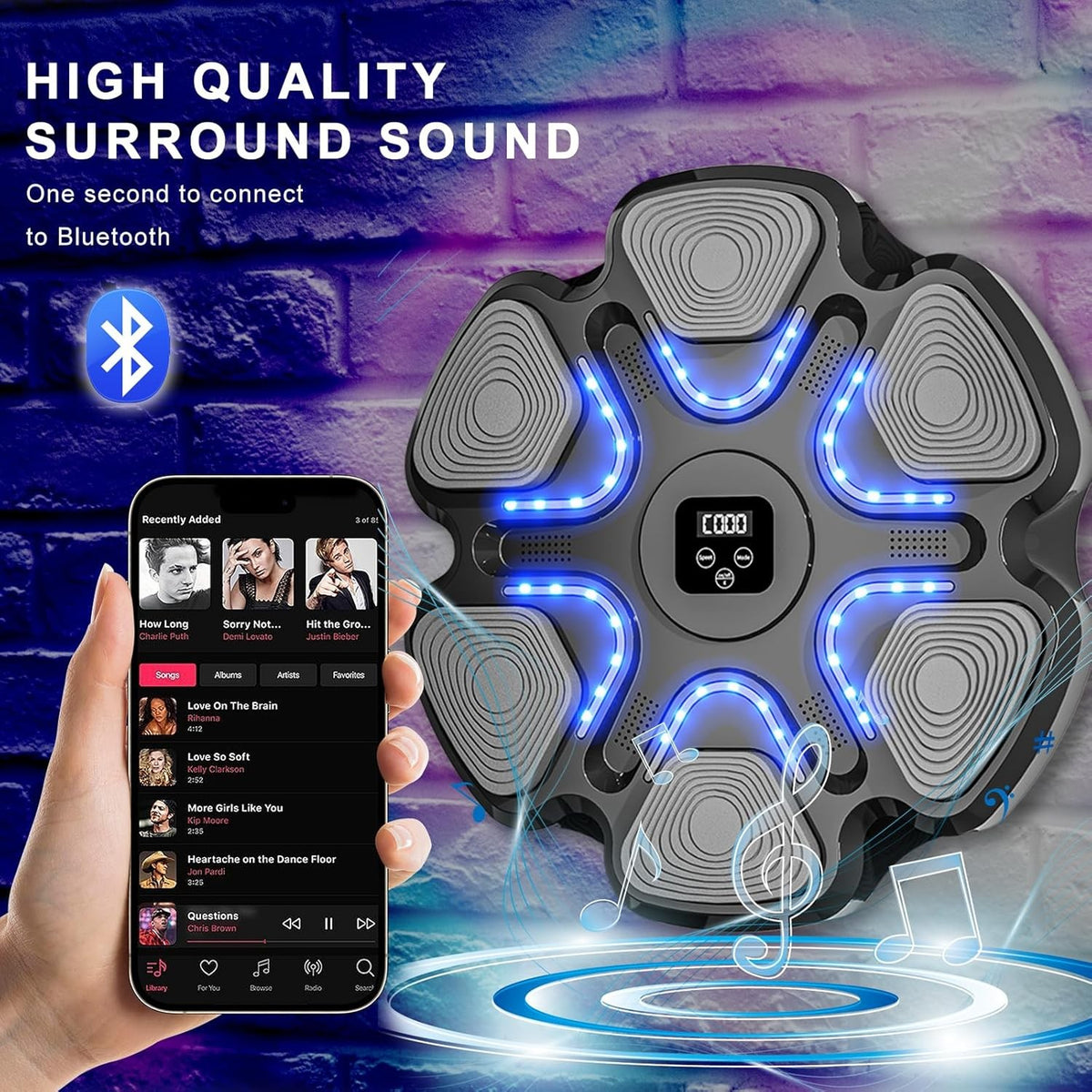 Aparat Box Inteligent Cu Muzica, Antrenament Interactiv Cu Bluetooth Si Iluminare LED, Montare Pe Perete, Include Manusi Adulti, Negru, 38 x 27 x 32 cm