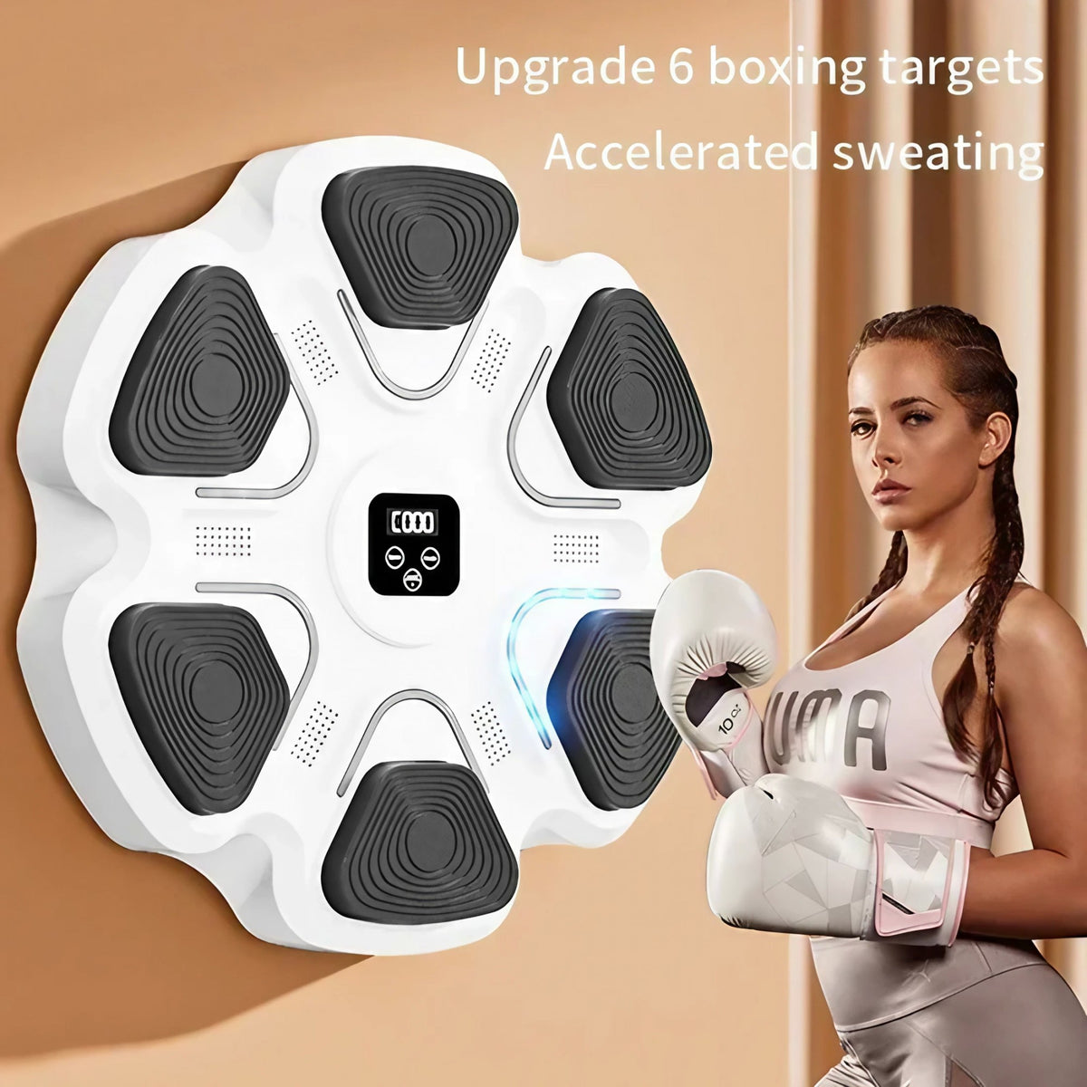 Aparat Box cu Muzica, Antrenament Interactiv, Conectivitate Bluetooth, Iluminare LED, Montare pe Perete, Manusi Incluse, Alb, 38 x 27 x 32 cm