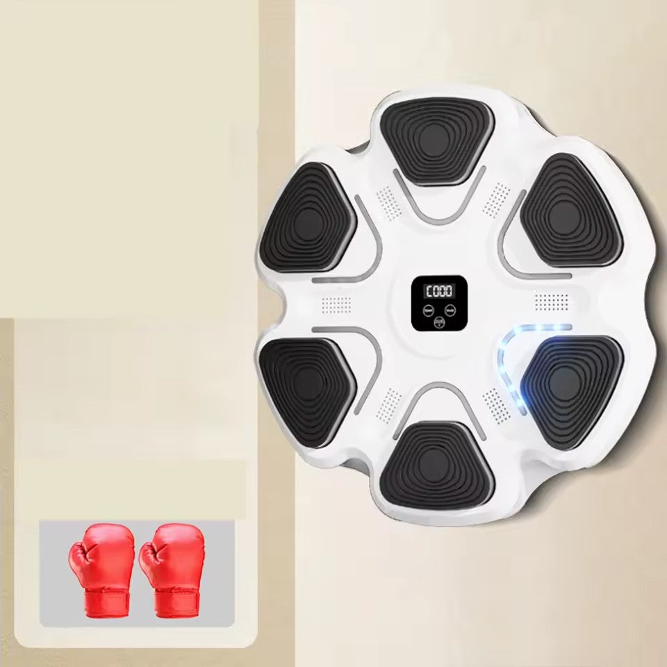 Aparat Box cu Muzica, Antrenament Interactiv, Conectivitate Bluetooth, Iluminare LED, Montare pe Perete, Manusi Incluse, Alb, 38 x 27 x 32 cm