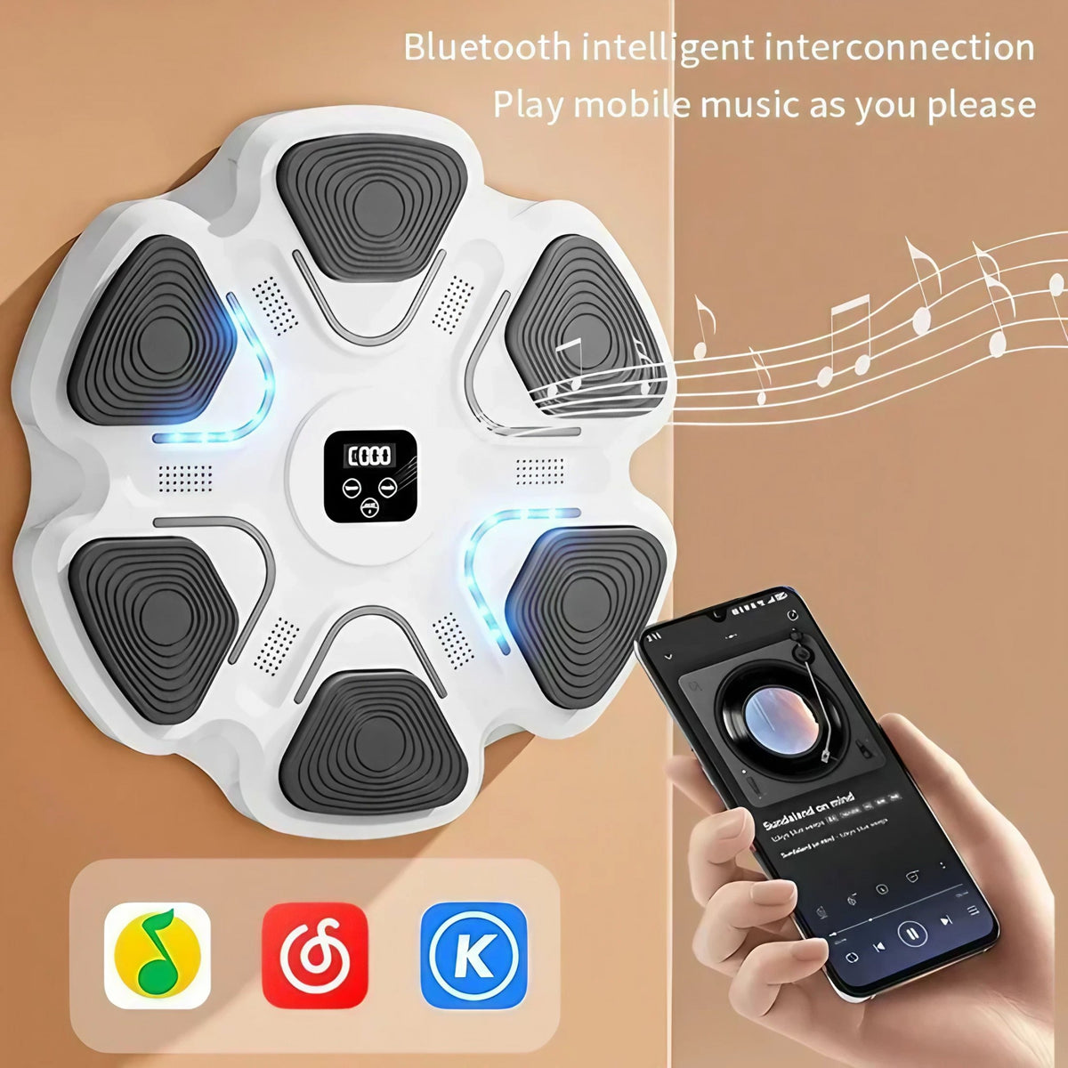 Aparat Box cu Muzica, Antrenament Interactiv, Conectivitate Bluetooth, Iluminare LED, Montare pe Perete, Manusi Incluse, Alb, 38 x 27 x 32 cm