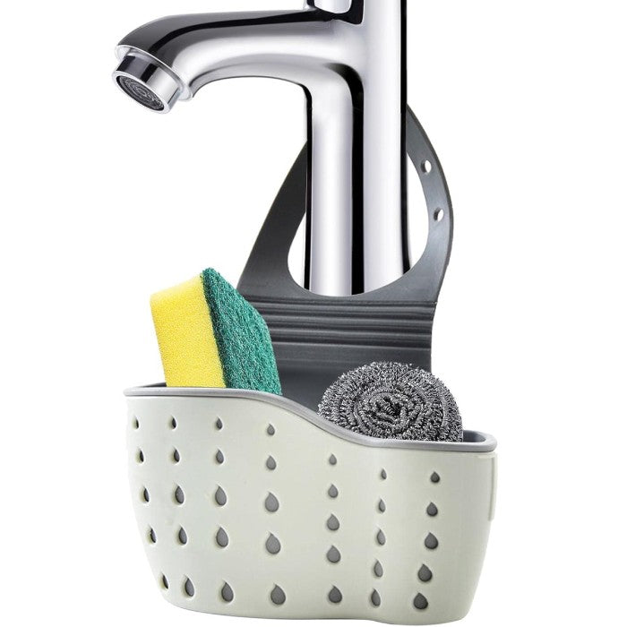 Suport Scurgere Chiuveta pentru Burete si Laveta, Organizator Bucatarie cu Orificii Drenaj, Curea Reglabila, Plastic Flexibil, Verde, 15 x 5 x 21 cm