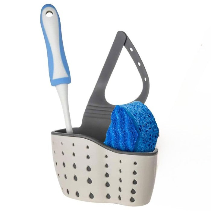 Suport Scurgere pentru Burete si Laveta, Organizator Chiuveta cu Curea Reglabila si Orificii Drenaj, Plastic Flexibil, Bej, 15x5x20 cm