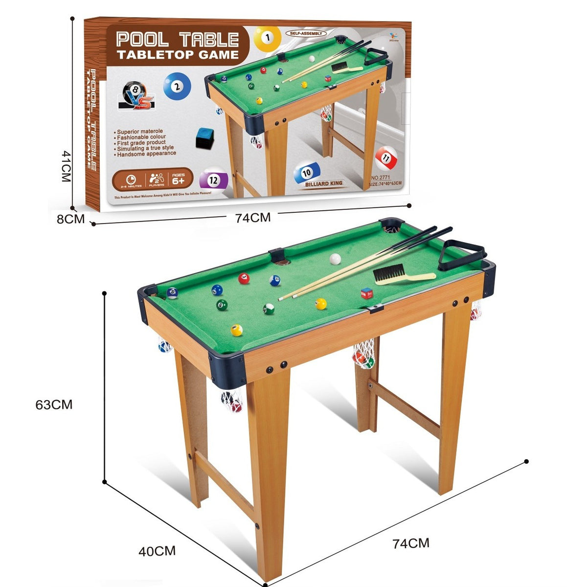 Masa de Biliard pentru Copii, Joc Interactiv cu Picioare Stabile, Constructie din Lemn si ABS, Varsta 6+ Ani, 74 x 63 x 40 cm, Maro/Verde