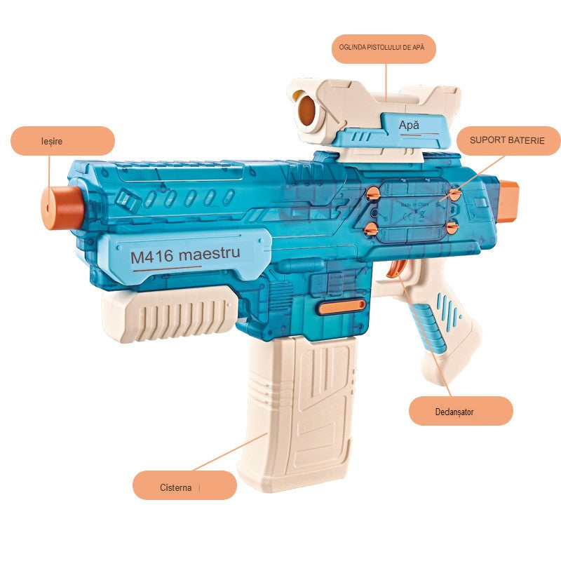 Pistol cu Apa Electric, Tragere Automata cu Raza 10m, Acumulator USB, Plastic Rezistent, Rezervor 500 ml, Albastru, +6 Ani
