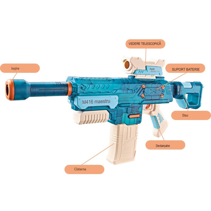 Pistol Cu Apa Electric Cu Tragere Automata, Raza 10 m, Rezervor 500 ml, Incarcare USB, Plastic, 69 cm, Albastru, +6 Ani
