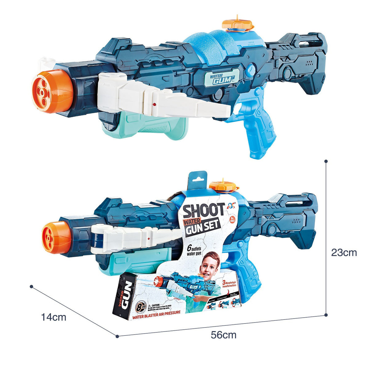 Pistol Cu Apa, Jucarie De Vara Cu 4 Moduri De Stropire Si Raza 8m, Plastic Rezistent, Rezervor 700 ml, 56 cm, Albastru, +6 Ani