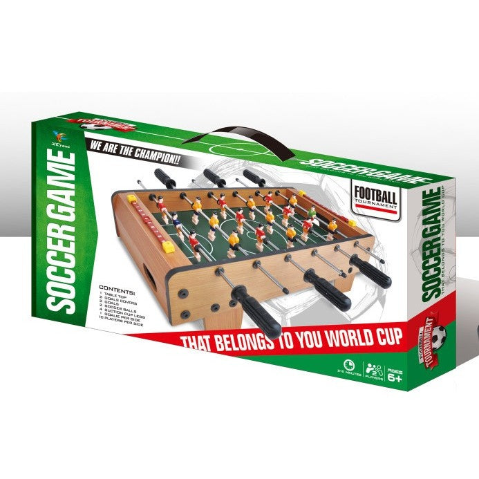 Masa de Fotbal pentru Copii si Adulti, Mini Fotbal de Masa cu 6 Manere si Tablou de Scor, Lemn si Otel, 50 x 25 x 18 cm, Maro/Verde