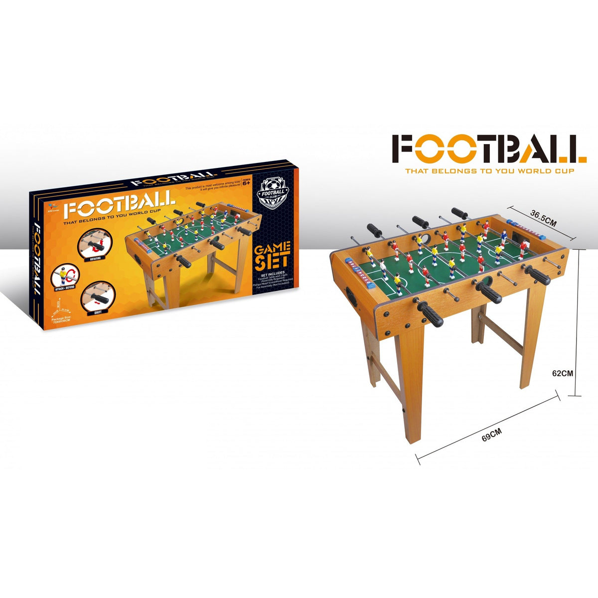 Masa de Fotbal cu Picioare, Joc de Table Soccer cu 6 Manere Ergonomice si Tabela de Scor, Lemn si Otel Inoxidabil, 69 x 62 x 36.5 cm, Maro/Verde