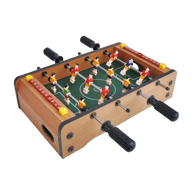 Masa de Fotbal pentru Copii si Adulti, Mini Foosball Compact cu 4 Manere Ergonomice si Tabela Scor, Lemn si Otel, 36.5 x 21.5 x 9 cm, Maro/Verde
