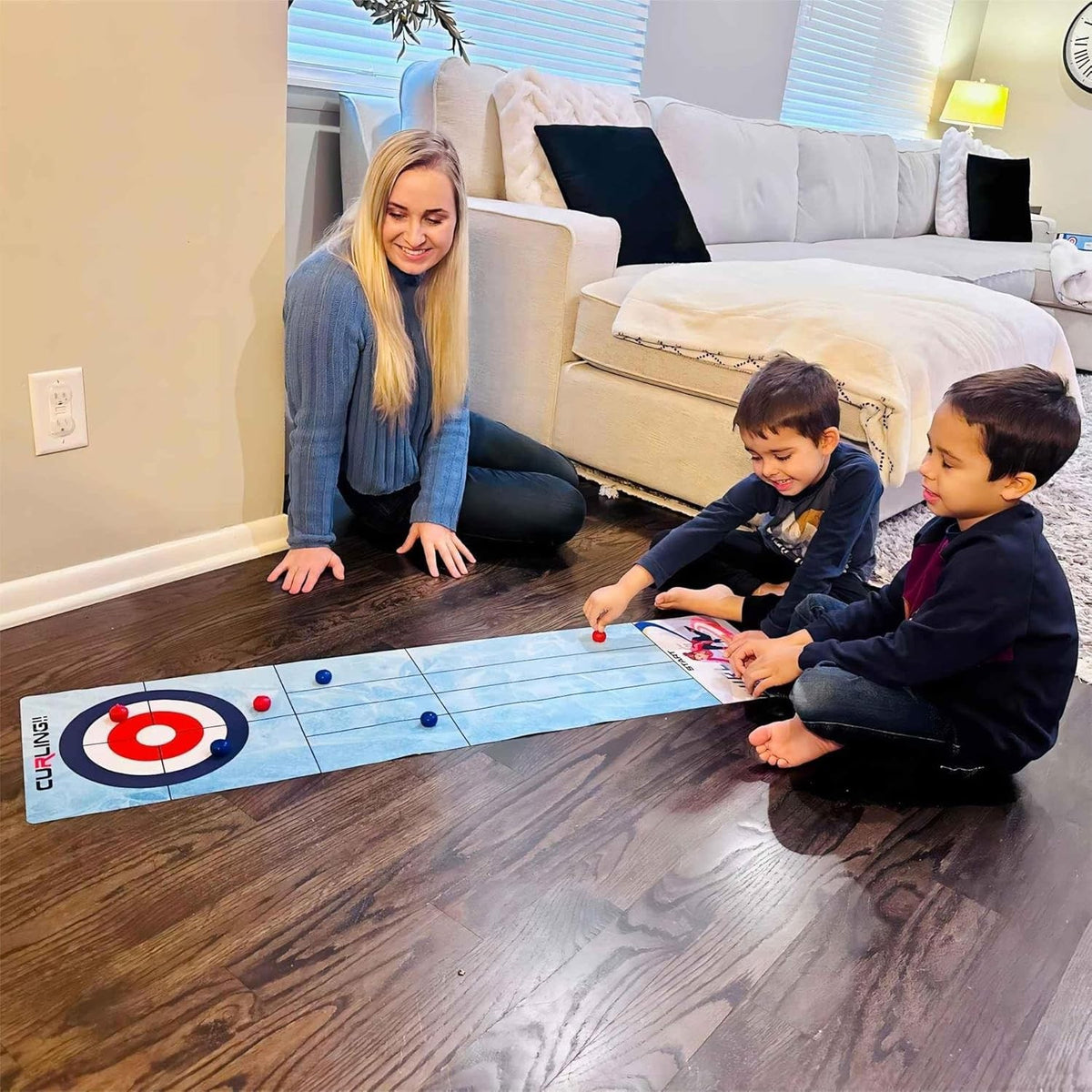 Joc Interactiv de Masa Curling, Covor pentru Copii si Familie, Educativ, Plastic si Textil, 90 x 20 cm, 6 Mingi Incluse, 1-4 Jucatori, 5 Ani+, Albastru