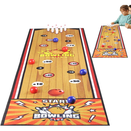 Joc Interactiv de Bowling pentru Copii, Covor Textil Portabil, 6 Mingi și 6 Popice, 1-4 Jucători, 90 x 20 cm, Galben, 5 Ani+