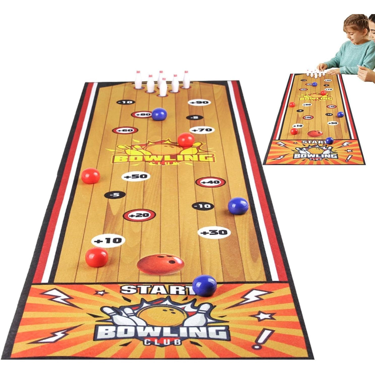 Joc Interactiv de Bowling pentru Copii, Covor Textil Portabil, 6 Mingi și 6 Popice, 1-4 Jucători, 90 x 20 cm, Galben, 5 Ani+