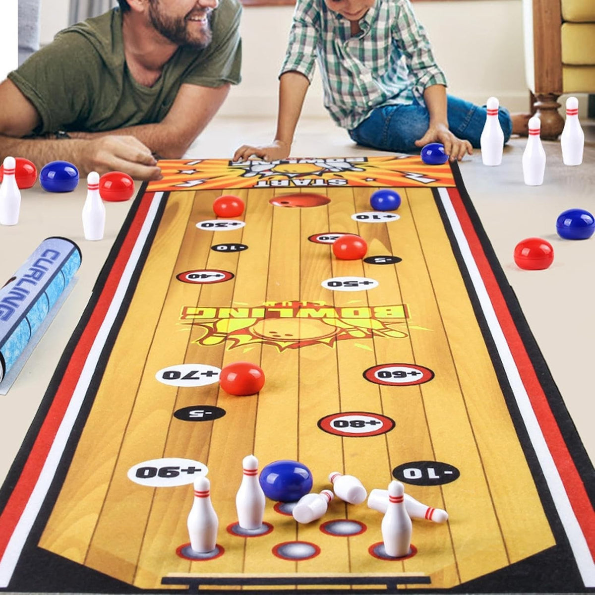 Joc Interactiv de Bowling pentru Copii, Covor Textil Portabil, 6 Mingi și 6 Popice, 1-4 Jucători, 90 x 20 cm, Galben, 5 Ani+