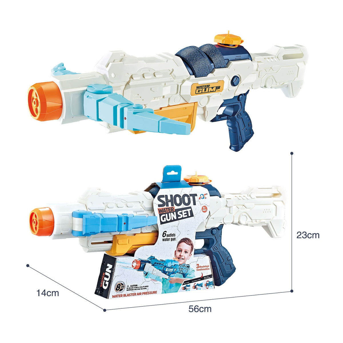 Pistol cu Apa pentru Copii, 4 Moduri de Pulverizare, Raza 8m, Rezervor 700 ml, Plastic Rezistent, 56 cm, Alb, +6 Ani