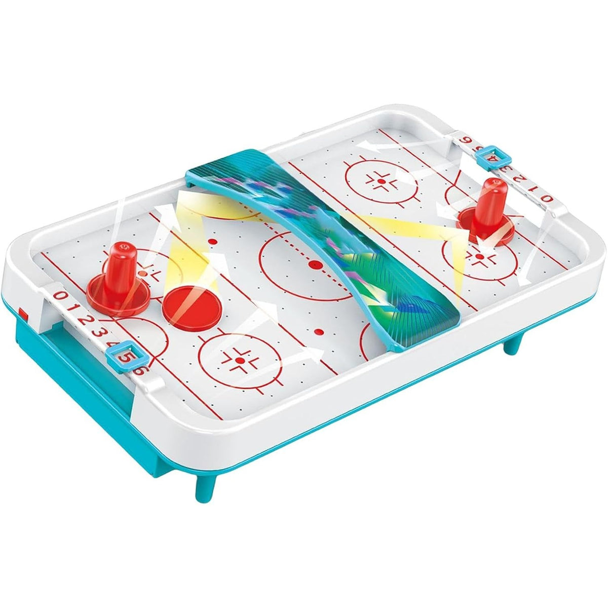 Masa Ice Hockey, Joc Interactiv Air Hockey cu Tabela de Scor si 2 Pucuri, Material ABS, 28 x 8 x 16 cm, Alb/Albastru