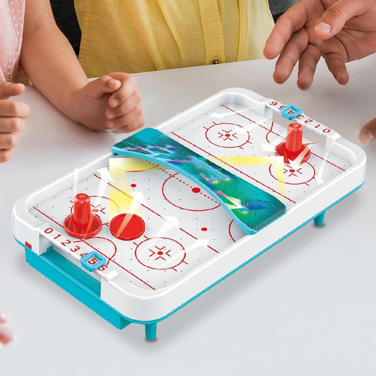 Masa Ice Hockey, Joc Interactiv Air Hockey cu Tabela de Scor si 2 Pucuri, Material ABS, 28 x 8 x 16 cm, Alb/Albastru