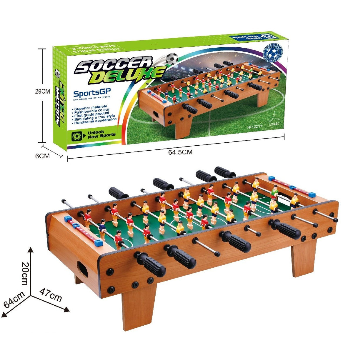 Masa de Fotbal cu Picioare Scurte, Joc de Fotbal cu 8 Manere Ergonomice si Tablou de Scor, Lemn, Otel si ABS, 64 x 20 x 47 cm, Maro/Verde