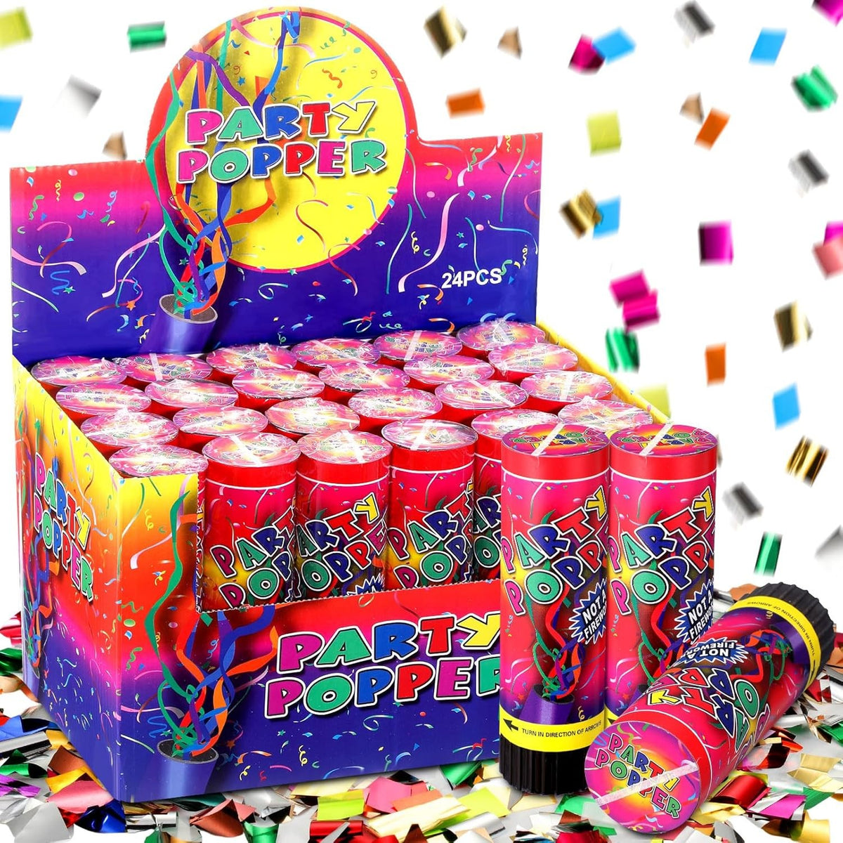 Tun de Confetti, Party Popper cu Activare prin Rasucire, Panglici din Folie Metalizata, Multicolor, 20 cm