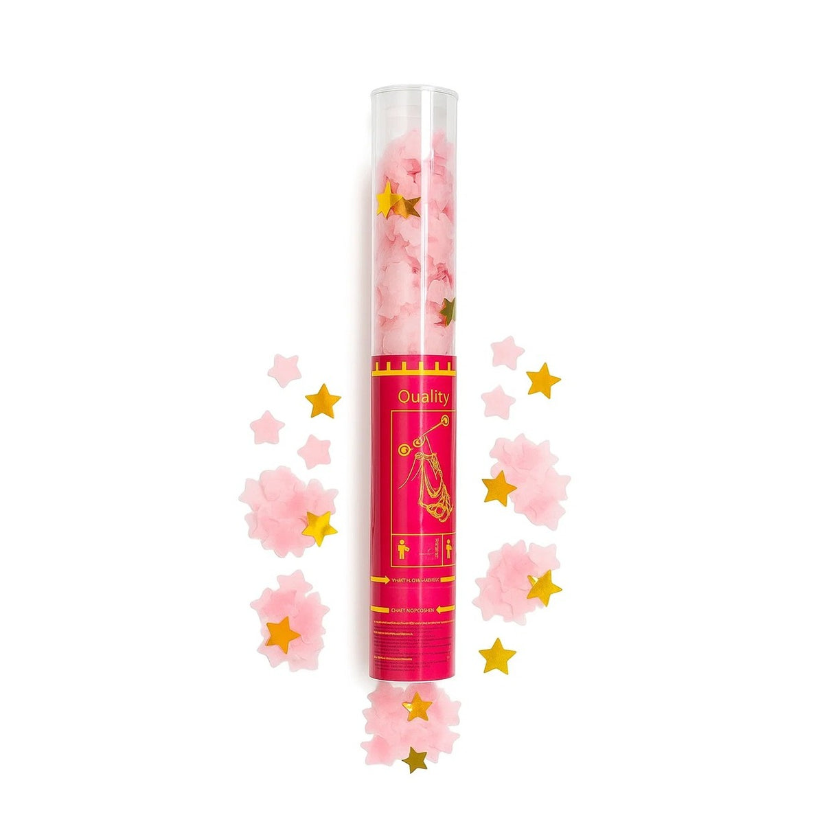 Tun de Confetti cu Stelute, Activare prin Rasucire pentru Petreceri si Nunti, Folie si Hartie, Tub PET, 40 cm, Roz