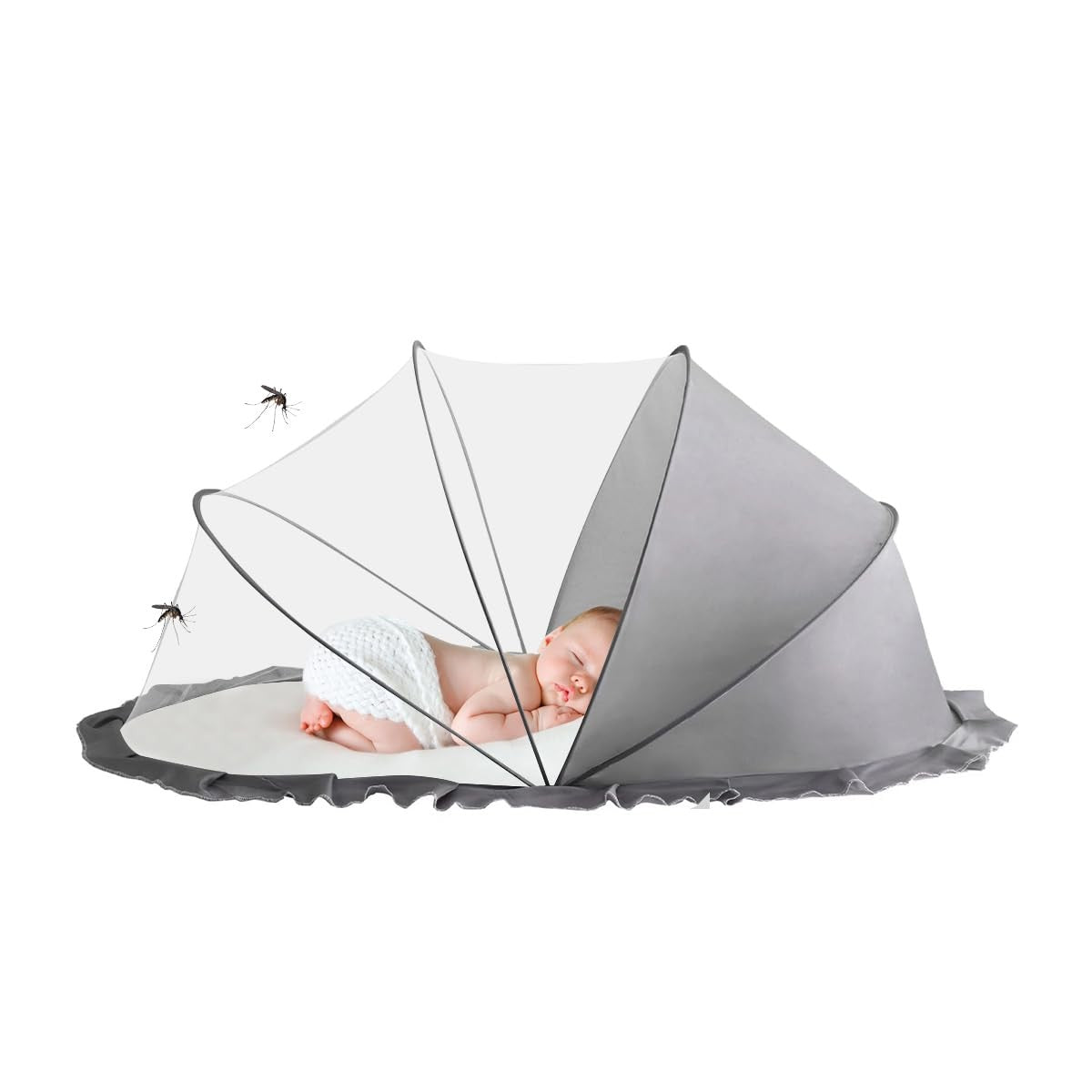 Husa Anti-Tantari pentru Bebelusi, Protectie 360 Grade, Pliabila si Portabila, Fibra Polycool cu Suport Otel, 0-1 An, 60 x 55 x 5 cm, Gri